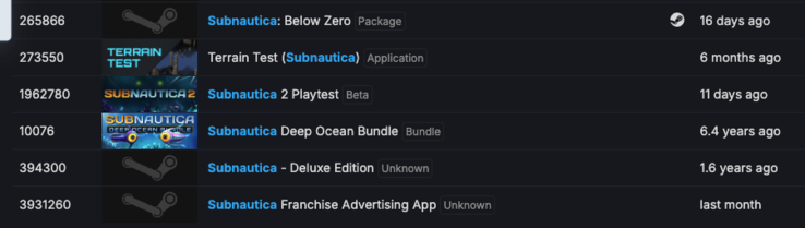 Test de jeu de Subnautica 2 sur SteamDB (Image source : SteamDB)