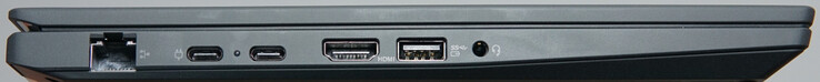 Ports à gauche : 1-Gigabit-LAN, USB4 (40 Gbit/s, DP), USB-C (10 Gbit/s, DP), HDMI, USB-A (5 Gbit/s), casque d'écoute