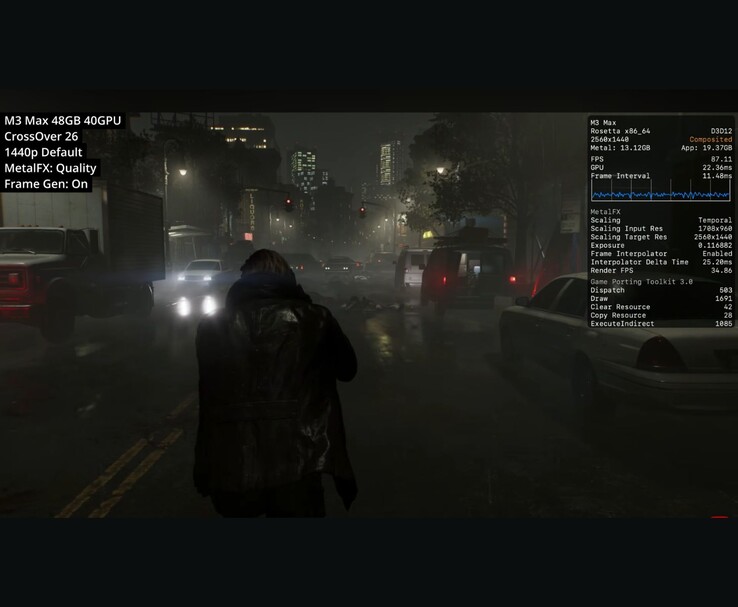 Resident Evil Requiem sur M3 Max Mac via CrossOver 26 à 1440p avec MetalFX Quality et la génération d'images montre environ 87 FPS.