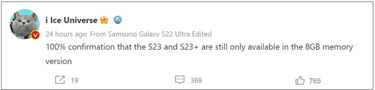 Galaxy Confirmation de la RAM du S23. (Image source : Weibo)