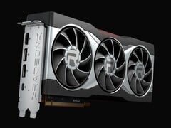 Rendu en gros plan de la carte graphique AMD Radeon RX 6800 XT, dotée d&#039;un système de refroidissement à trois ventilateurs et d&#039;un capot argenté portant la marque Radeon. (Source de l&#039;image : AMD)