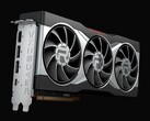 Rendu en gros plan de la carte graphique AMD Radeon RX 6800 XT, dotée d'un système de refroidissement à trois ventilateurs et d'un capot argenté portant la marque Radeon. (Source de l'image : AMD)