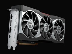 Rendu en gros plan de la carte graphique AMD Radeon RX 6800 XT, dotée d'un système de refroidissement à trois ventilateurs et d'un capot argenté portant la marque Radeon. (Source de l'image : AMD)