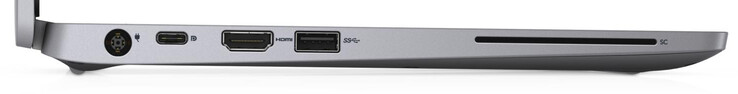 Côté gauche : entrée secteur, USB C 3.2 Gen 2 (DisplayPort, charge), HDMI, USB A 3.2 Gen 1.