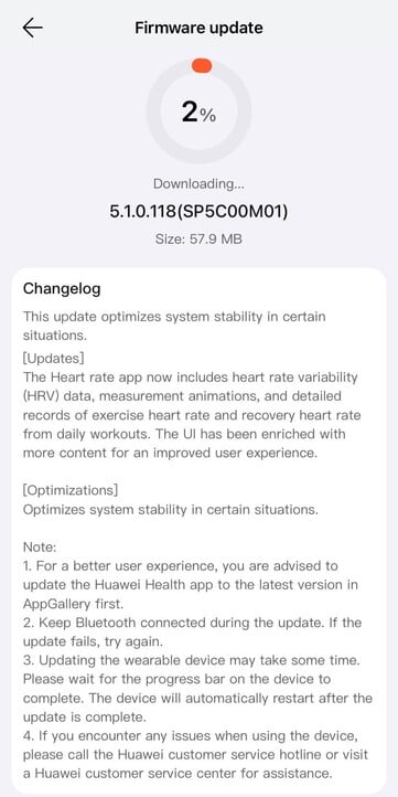 Les notes de mise à jour de la version 5.1.0.118 du logiciel de la Huawei Watch Fit 4 Pro. (Source de l'image : u/Cakerist via Reddit)