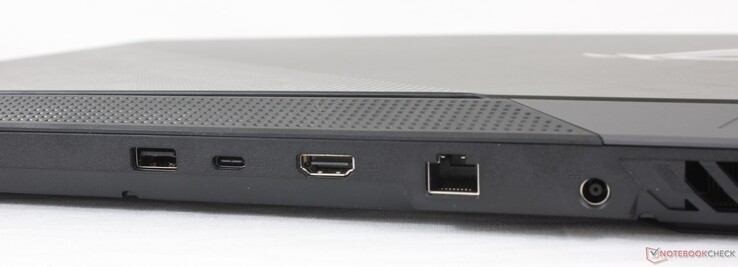À gauche : USB-A 3.2 Gen. 1, USB-C 3.2 Gen. 2 avec DisplayPort et Power Delivery, HDMI 2.0b, Gigabit RJ-45, adaptateur secteur