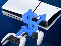 La console PS5 est représentée avec le signe du dollar et la flèche vers le haut (Source de l&#039;image : Sony PlayStation avec modifications)