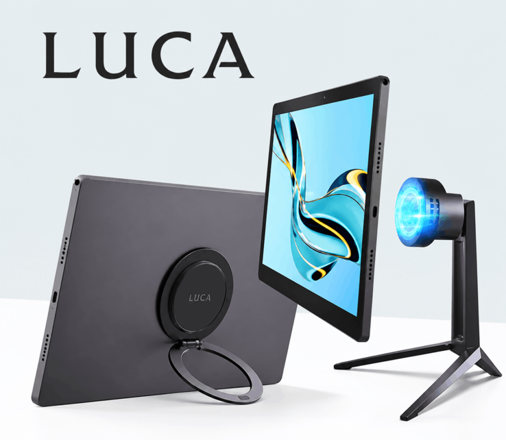 La tablette Luca présentée avec son système de fixation magnétique et son socle de recharge sans fil