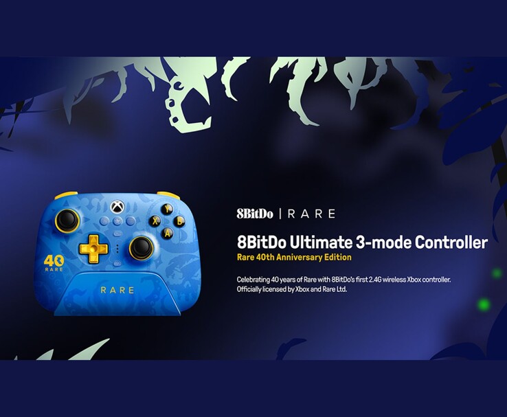 Promotion officielle de la manette 8BitDo Ultimate 3-mode Controller Rare 40th Anniversary Edition, présentant le design et l'image de marque de la manette. (Source de l'image : Affiche promotionnelle officielle de 8BitDo)