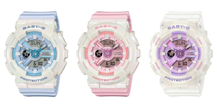 De gauche à droite : les montres Casio Baby-G BA-110PD-2A, BA-110PD-4A et BA-110PS-7A