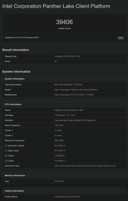 Intel Core Ultra 5 328H Geekbench listing (image source : Geekbench)