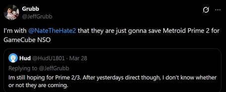 Jeff Grubb Metroid Prime et Zelda remasters X post (Image source : screenshot, Jeff Grubb X account)