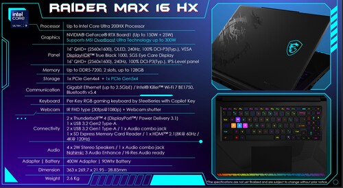 Les spécifications du MSI Raider 16 Max HX sont indiquées (Image source : MSI PR)