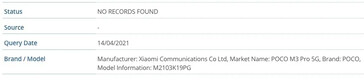 Le Xiaomi M2103K19PG est prétendument détecté comme étant le M3 Pro 5G sur un site web IMEI. (Source : MySmartPrice)