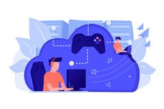 Illustration d&#039;un jeu en nuage avec plusieurs utilisateurs connectés via une infrastructure centrale (Source de l&#039;image : vectorjuice via Freepik)