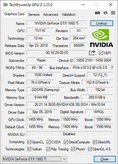 GeForce GTX 1660 Ti GPU-Z tiré du modèle de base du Razer Blade 15
