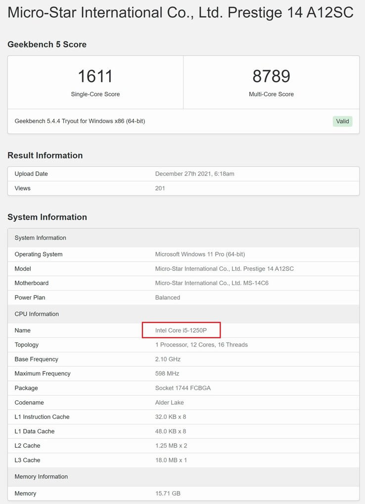 Intel Core i5-1250P. (Image source : Geekbench)