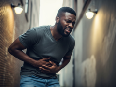 Un homme noir s'agrippant à son abdomen (Source de l'image : image générée par l'IA)