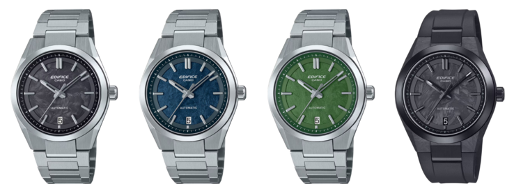 De gauche à droite : les montres Casio EFK-100CD-1A, EFK-100D-2A, EFK-100D-3A et EFK-100XPB-1A. (Source de l'image : Casio, édité)