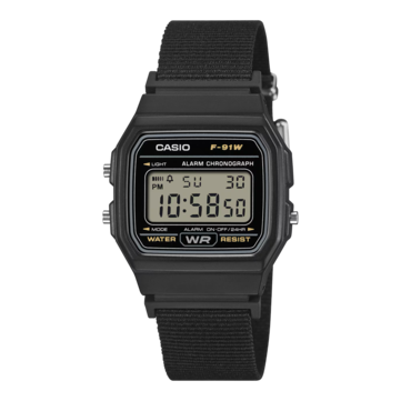 Montre numérique Casio F-91WF-1A avec un boîtier noir et un bracelet en tissu tressé noir.