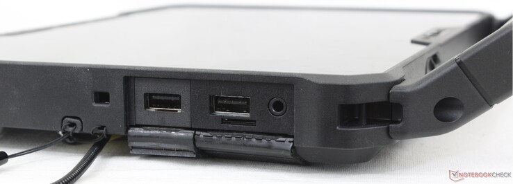 A droite : Stylet passif, serrure Noble, 2x USB-A 3.2 Gen. 1, lecteur MicroSD, casque 3,5 mm