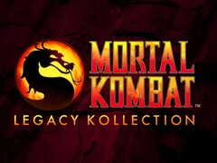 Logo de Mortal Kombat : Legacy Kollection, représentant l'emblème du dragon avec un texte dégradé rouge et jaune sur un fond sombre et craquelé (Source de l'image : Warner Bros. Games / NetherRealm Studios)