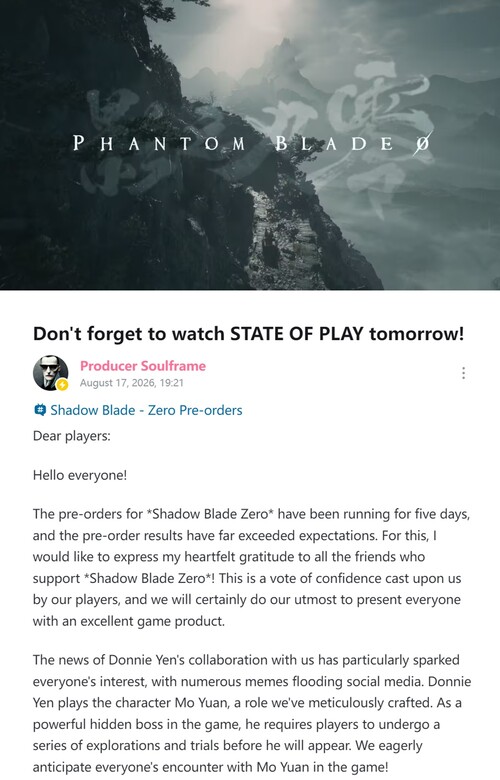 Liang Qiwei, de S-Game, fait le point sur les précommandes de Phantom Blade Zero
