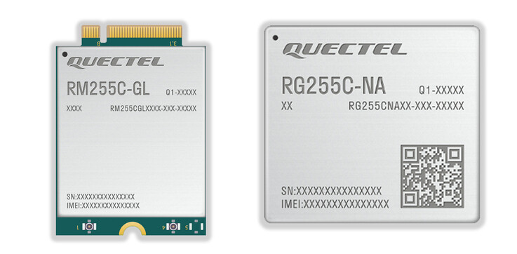 RM255C-GL (Global) Module 5G RedCap M.2 à gauche ; RG255C-NA (North American) Module 5G RedCap LGA à droite