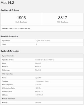 Entrée représentative du MacBook Air M2. (Image source : Geekbench)