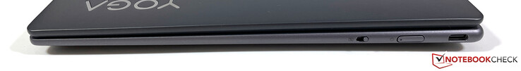 À droite : interrupteur pour le volet de confidentialité de la webcam, bouton d'alimentation, USB-C 3.2 Gen.2 (10 Gbit/s, DisplayPort 1.4, Power Delivery 3.0)