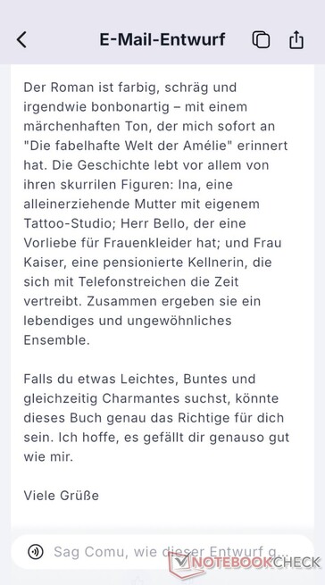 Un e-mail généré à partir d’une critique littéraire était bien rédigé. Le premier paragraphe, qui contient toutes les informations relatives au livre, telles que l’auteur, le titre, le prix et l’éditeur, n’est pas présenté ici.