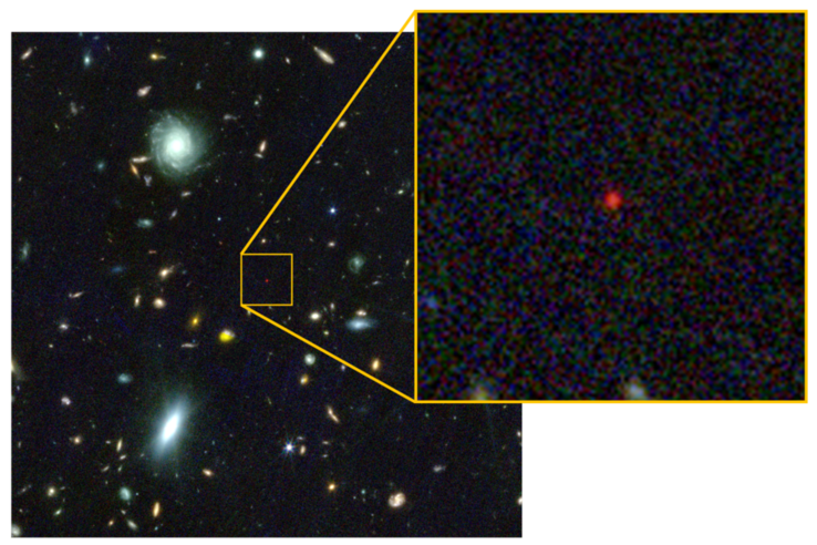 L’« étoile du trou noir » apparaît sous la forme d’un minuscule point rouge sur cette image prise par le télescope spatial James Webb.