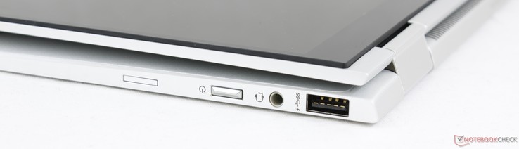 Côté gauche : USB A 3.1, combo audio 3,5 mm, bouton de démarrage, Nano-emplacement pour carte SIM (optionel).