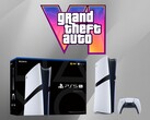 La console PS5 Pro est montrée sous le logo de GTA 6 (Image source : Sony PlayStation, Rockstar Games avec modifications)
