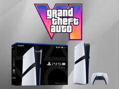 La console PS5 Pro est montrée sous le logo de GTA 6 (Image source : Sony PlayStation, Rockstar Games avec modifications)