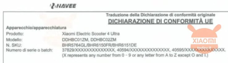Déclaration de conformité pour le scooter électrique Xiaomi 4 Ultra en Italie. (Source de l'image : XiaomiToday.it)