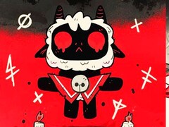 L'agneau, également appelé Lambert par les fans, de Cult of the Lamb flottant sur un fond rouge et noir avec des yeux rouges, de petites cornes et des symboles rituels autour de lui. (Source de l'image : studio de développement de jeux Massive Monster)