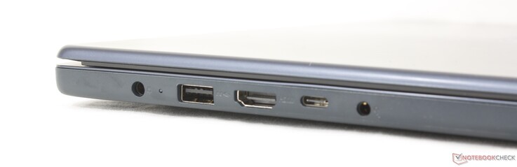 À gauche : adaptateur secteur, USB-A (5 Gbps), HDMI 1.4, USB-C (5 Gbps) avec Power Delivery 3.0 + DisplayPort 1.2, prise casque 3,5 mm
