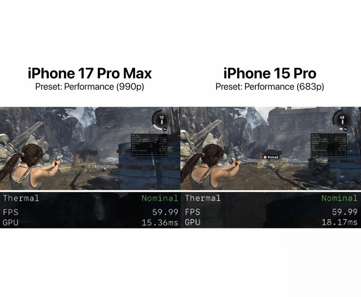 Comparaison des modes de performance de Tomb Raider sur l'iPhone 17 Pro Max et l'iPhone 15 Pro avec la résolution interne, les FPS et les mesures thermiques