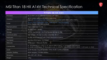 MSI Titan 18 HX - Spécifications. (Source de l'image : MSI)