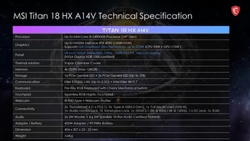 MSI Titan 18 HX - Spécifications. (Source de l'image : MSI)