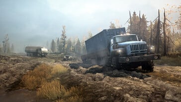 Une image montrant trois véhicules dans MudRunner. (Source de l'image : Steam)