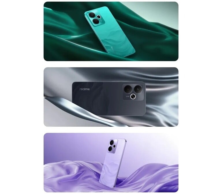 Le Realme 14T 5G est disponible dans les coloris noir obsidienne, vert surf et violet éclair inspirés du satin (Image source : Realme)