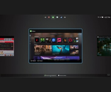 Vue multitâche de Windows 11 Full Screen Experience (FSE) montrant plusieurs jeux en cours d'exécution et le sélecteur d'applications Xbox, comme l'a démontré le test d'ETA Prime (Source d'image : YouTube/ETA Prime)