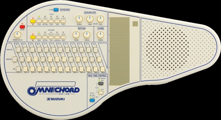 L'Omnichord se joue en faisant glisser un doigt sur le clavier vertical tout en appuyant sur les boutons d'accord. (Source : Suzuki)