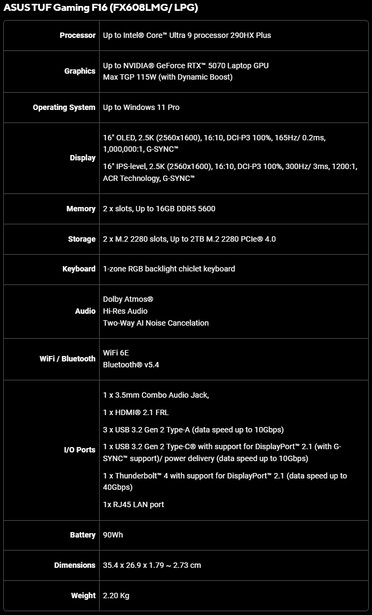 Spécifications du Asus TUF Gaming F16 (FX608LMG/ LPG)