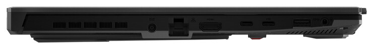 Côté gauche : Alimentation, Gigabit Ethernet, HDMI, Thunderbolt 4 (USB-C ; DisplayPort), USB 3.2 Gen 2 (USB-C ; Power Delivery, DisplayPort, G-Sync), USB 3.2 Gen 1 (USB-A), audio