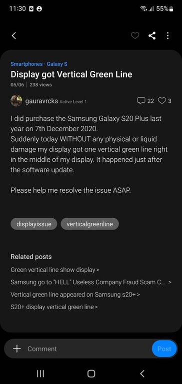 Des utilisateurs se plaignent des problèmes d'affichage du Galaxy S20 Plus sur les membres de Samsung (image via propre)