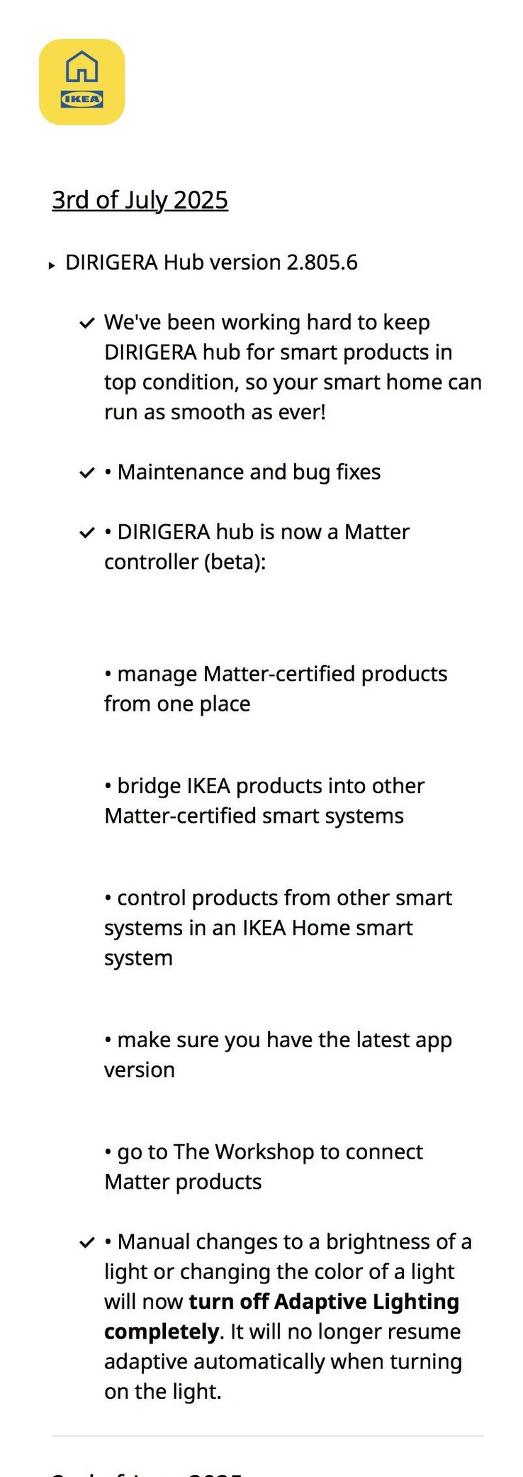 Les notes de mise à jour de la version 2.805.6 du logiciel IKEA Dirigera Hub. (Source de l'image : IKEA via Reddit)
