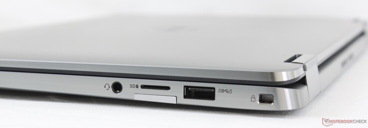 Côté droit : prise jack, lecteur de carte micro SD, emplacement pour carte micro SIM (WWAN optionnel), USB A 3.2 Gen. 1, verrou de sécurité Noble.